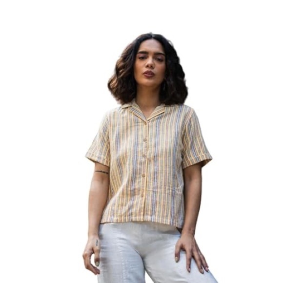 TRADITION | Cottage Collection Striped Short Sleeve Button Up Embroidered Shirt - Picture 1 of 10